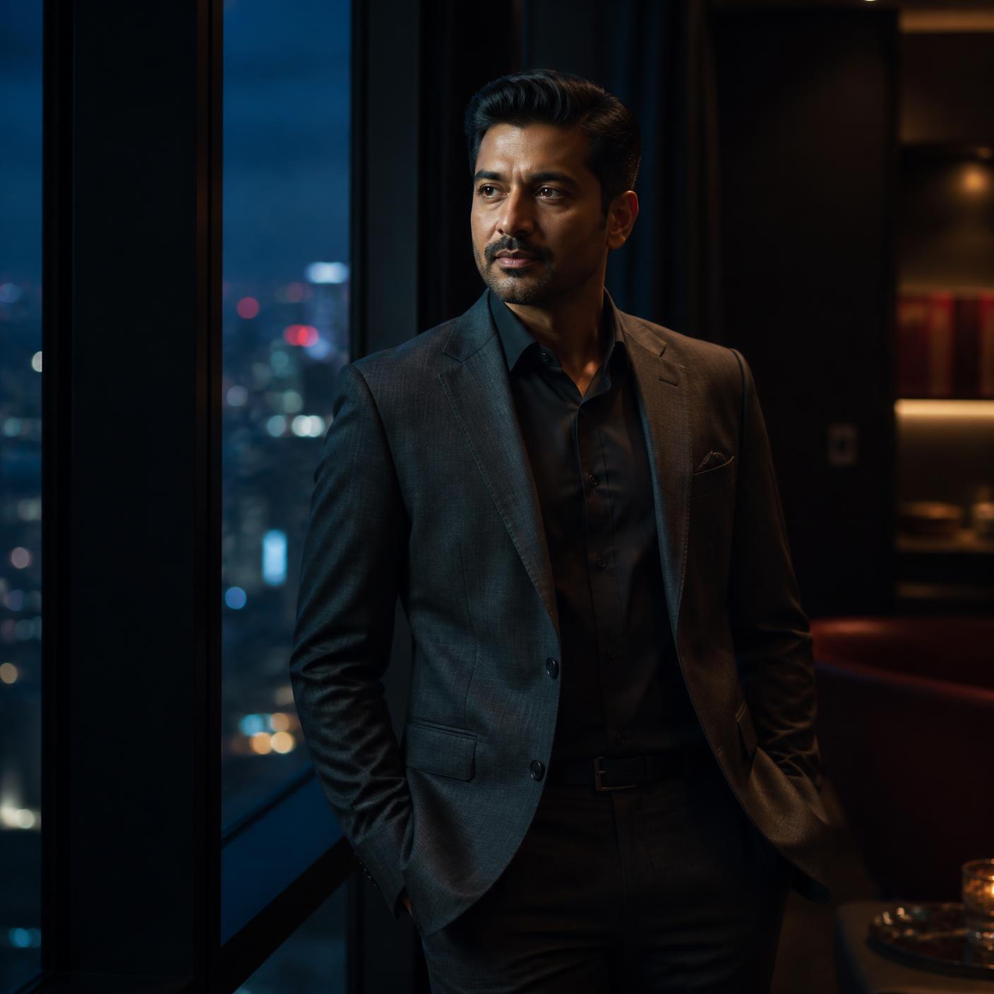 A founding member at blue hour in a private penthouse